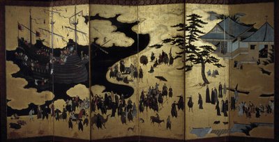Biombo portugués que representa la llegada de misioneros jesuitas portugueses a Japón en el siglo XVI de Japanese School