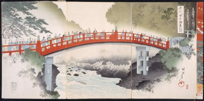 Procesión a través de un río hacia un templo, de un Álbum de Xilografías del siglo XIX de Japanese School