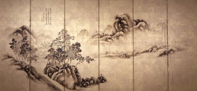 Anverso: Paisaje según Mi Fei, c.1810 (tinta sobre hoja de oro) de Japanese School