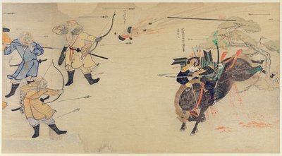 El samurái Takezaki ataca a los invasores mongoles mientras las conchas explotan sobre su cabeza durante las invasiones mongolas de Japón en 1274, ilustración de la revista Kokka, mayo de 1921 de Japanese School