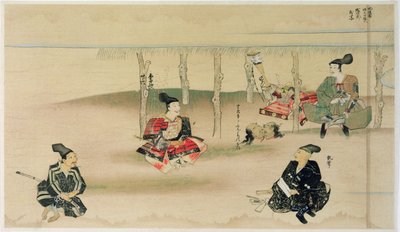 El samurái Takezaki entrega las cabezas de dos invasores mongoles a Adachi Morinume durante la invasión mongola de Japón en 1274, ilustración de la revista Kokka, mayo de 1921 de Japanese School