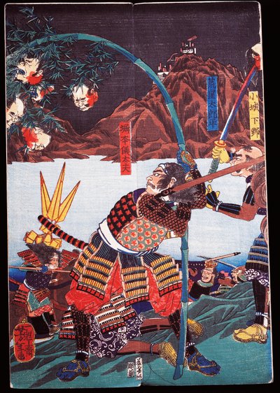 Samurai mostrando las cabezas cortadas de sus enemigos en cañas de bambú, sewamono (juego doméstico) de Japanese School