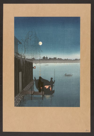 Puente Sanbashi en Fukugawa por la noche, c.1900-20 (xilografía en color) de Japanese School