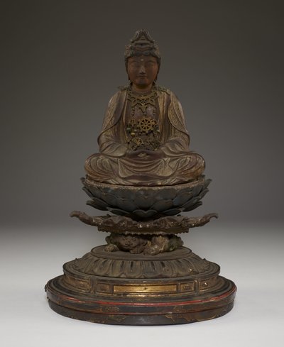 Miroku Bosatsu sentado (madera policromada con cristal, metal y pan de oro) de Japanese School