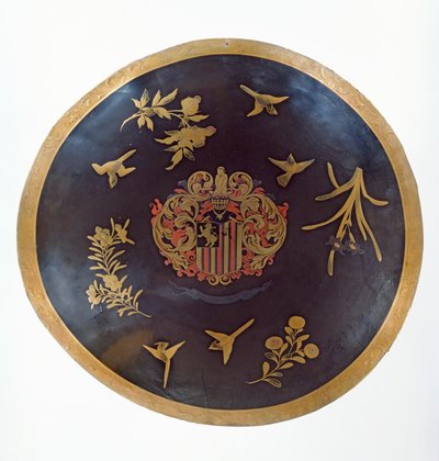 Escudo que representa las armas de Constantijn Ranst, para la Compañía Holandesa de las Indias Orientales, hecho en Bengala y lacado en Japón, c.1668 de Japanese School