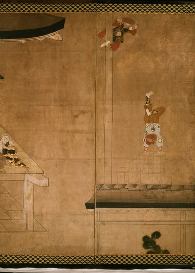 Pantalla de seis pliegues que representa acróbatas actuando ante una familia rica de Japanese School
