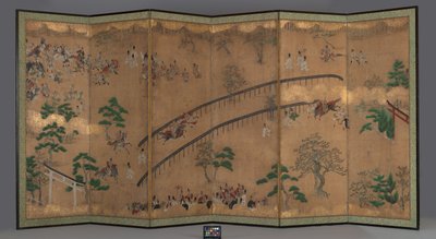 Pantalla de seis paneles: Carreras de caballos en el Santuario de Kamo, principios del siglo XVIII (tinta, pigmento dorado, color y hoja de oro sobre papel) de Japanese School