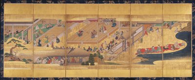 Biombo con la obra Noh Funa-Benkei, c.1660 (color, gofun y tinta y oro sobre papel) de Japanese School