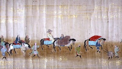 Sexta Embajada Coreana a Japón en Meireki 1 en el momento de la sucesión de Tokugawa Ietsuna en 1651, posiblemente por Kano Masunobu (detalle) de Japanese School