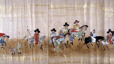 Sexta Embajada Coreana a Japón en Meireki 1 en el momento de la sucesión de Tokugawa Ietsuna en 1651, posiblemente por Kano Masunobu (detalle) de Japanese School