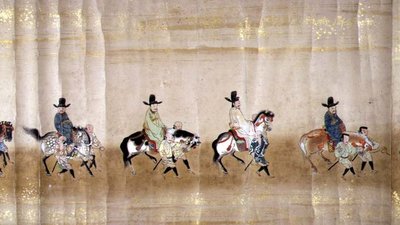 Sexta Embajada Coreana a Japón en Meireki 1 en el momento de la sucesión de Tokugawa Ietsuna en 1651, posiblemente por Kano Masunobu (1625-94) (pintura en pergamino) (detalle) de Japanese School