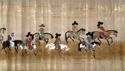 Sexta embajada coreana a Japón en Meireki 1 en el momento de la sucesión de Tokugawa Ietsuna en 1651, posiblemente por Kano Masunobu (detalle) de Japanese School