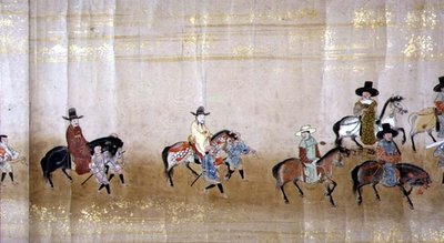 Sexta Embajada Coreana a Japón en Meireki 1 en el momento de la sucesión de Tokugawa Ietsuna en 1651, posiblemente por Kano Masunobu (detalle) de Japanese School