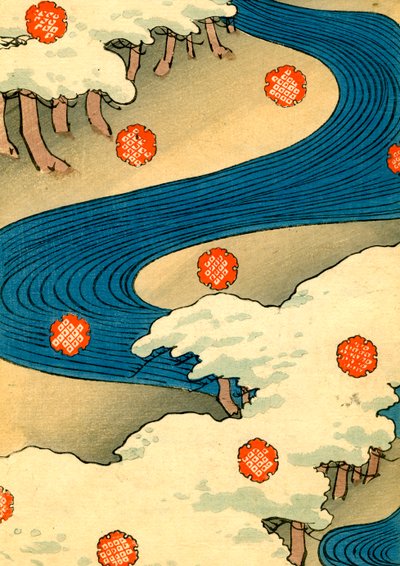 Copos de nieve cayendo en un paisaje fluvial de Japanese School