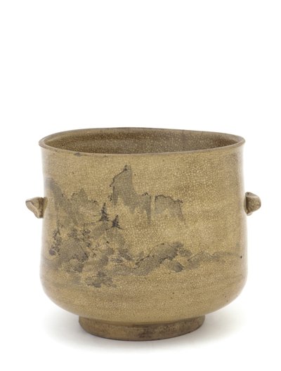 Jarra de agua para ceremonia del té con diseño de paisaje, prefectura de Saga o Nagasaki, período Edo de Japanese School