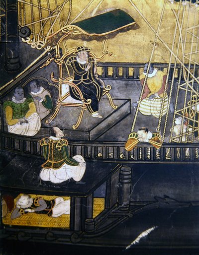 La llegada de los portugueses a Japón, detalle que muestra a hombres en la parte central de un barco, de una pantalla Namban Byobu, 1594-1618 de Japanese School