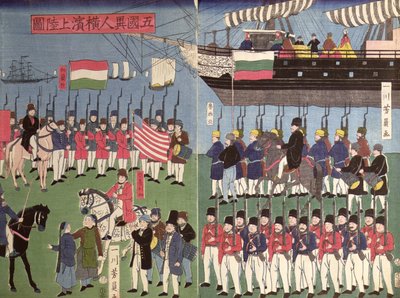 La llegada del escuadrón del comodoro Perry a un puerto japonés en 1853 de Japanese School