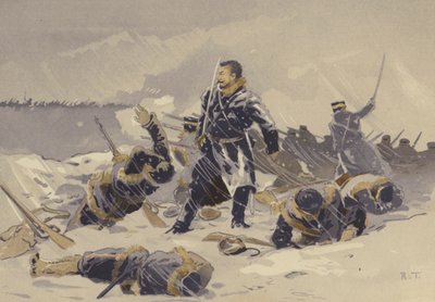 La batalla de Hei-kou-tai en la nieve (cromolito) de Japanese School