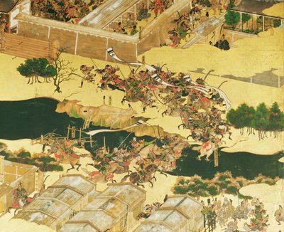 La batalla de Hogen de una pantalla, Período Momoyama (1568-1600) (detalle) de Japanese School