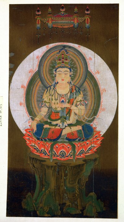 El Bodhisattva Akashagarba sosteniendo la Joya Cintamani (dadora de deseos) en la mano izquierda y sentado en un loto, ilustración después de un kakemono del siglo IX del templo de Daigo de Japanese School