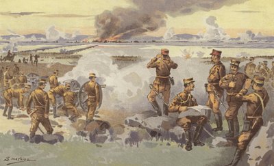 El bombardeo de Liao-yang por nuestra artillería (cromolito) de Japanese School