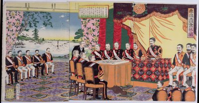 El Emperador Mutsuhito (1852-1912) celebrando un consejo de guerra, un episodio de la Guerra Sino-Japonesa, finales del siglo XIX de Japanese School