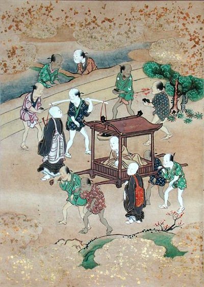 El monje Shogaku (1126-1235) viajando en un Koshi de Japanese School