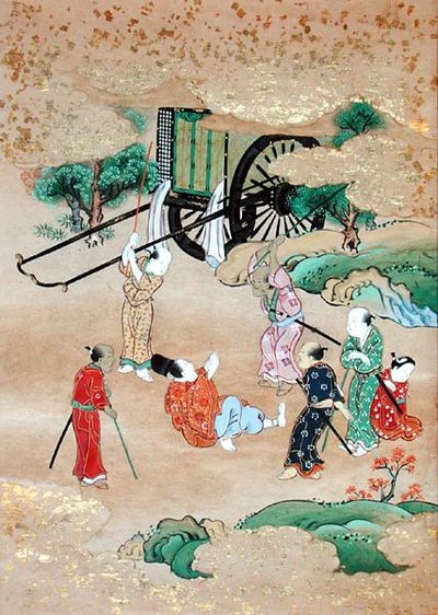 El monje Shogaku (1126-1235) atacado por bandidos (acuarela sobre papel) de Japanese School
