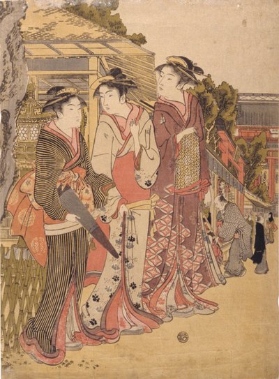 Tres bellezas en el mercado (xilografía en color) de Japanese School