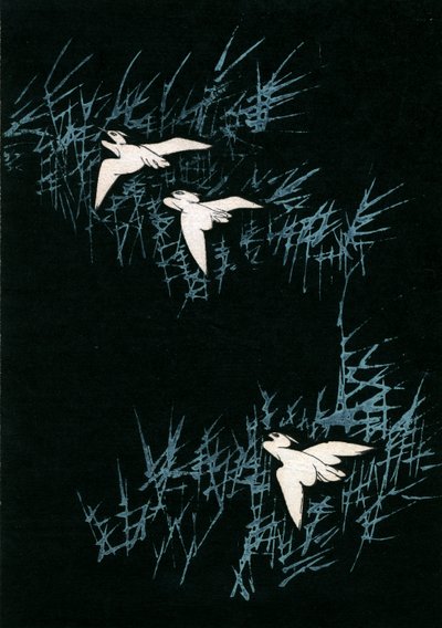 Tres grullas en un paisaje negro de Japanese School