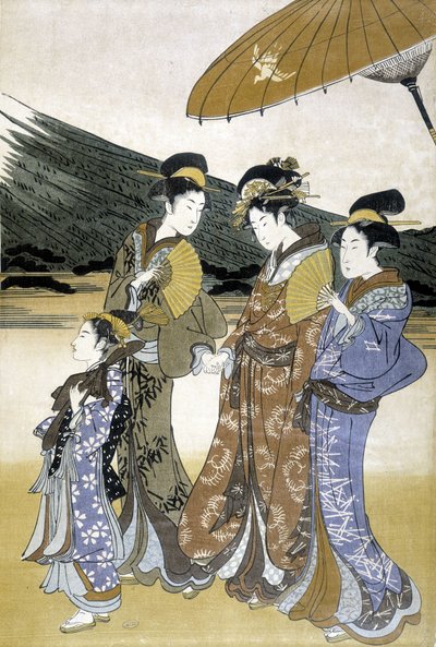 Tres mujeres y niños, impresión japonesa de Japanese School