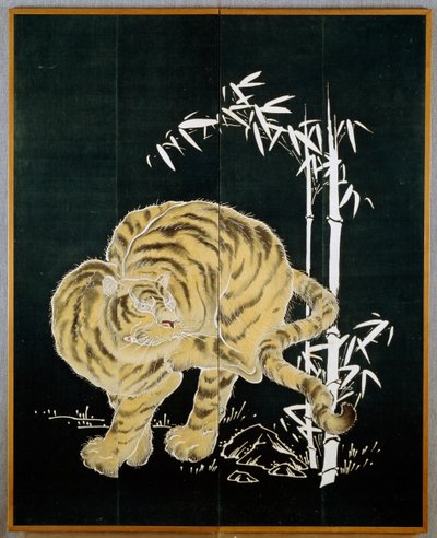 Tigre y bambú, motivo en biombo de algodón (byobu), almidón de arroz y baño de añil con pigmentos, civilización japonesa, periodo Meiji-Taisho de Japanese School