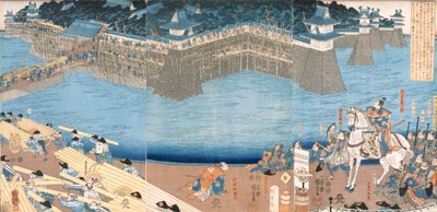 Tríptico mostrando un fuerte siendo construido por el Río Kunigos, período Edo 1603-1868 de Japanese School