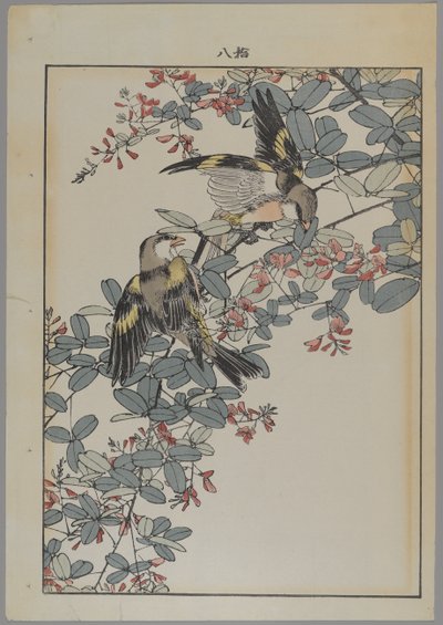 Dos pájaros con flores rosadas, período Meiji, c.1868-1912 de Japanese School