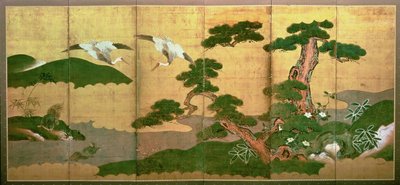 Dos grullas zambulléndose detrás de pino y roca, Período Edo de Japanese School