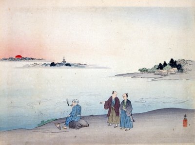 Dos hombres caminando junto a un lago, c. 1870 de Japanese School