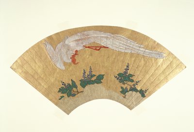 Abanico desmontado: Pájaro zambulléndose sobre bambú cubierto de nieve, c.1700-60 de Japanese School