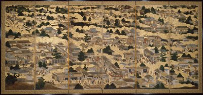 Vistas de Kioto y sus alrededores (Rakuchu rakugai zu), ca.1616-24 (tinta, color y pan de oro sobre papel) de Japanese School