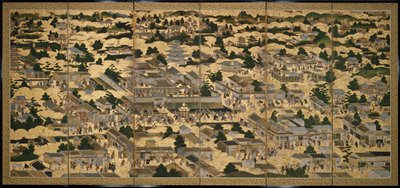Vistas de Kioto y sus alrededores (Rakuchu rakugai zu), ca.1616-24 (tinta, color y pan de oro sobre papel) de Japanese School