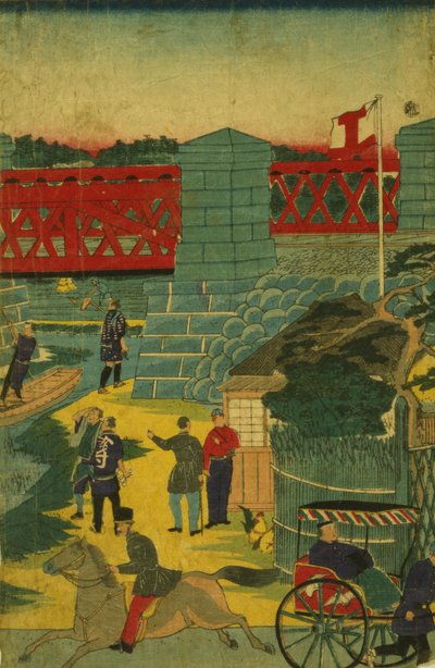 Escena de pueblo en Japón mostrando personas en diversas actividades, c.1870 de Japanese School