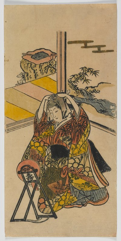 Joven mujer arrodillada junto a un espejo, período Edo, 1720s de Japanese School