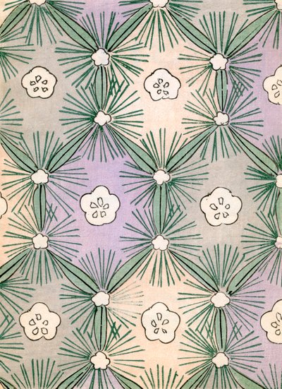 Impresión en madera a color de agujas de pino y flores de Japanese School