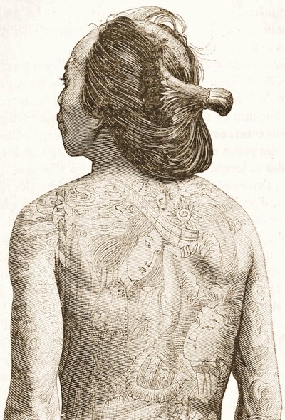 Hombre con tatuajes tradicionales japoneses Irezumi, c.1880 de Japanese School