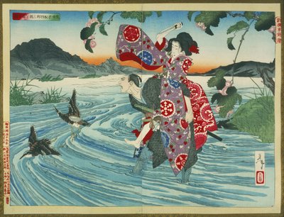 El demonio Omatsu asesina a Shirosaburō en el vado de Tsukioka Yoshitoshi