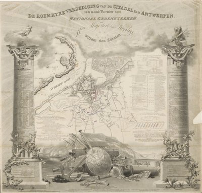 La Defensa Roemryke de la Ciudadela de Amberes, en el mes de diciembre de 1832. Monumento Nacional, a Su Majestad el Rey, Willem den Eerste (título sobre objeto) de Ja.s Wyld