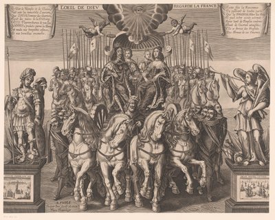 Luis XIII y Ana de Austria junto con el delfín y el duque de Anjou en un carruaje tirado por cuatro caballos
L