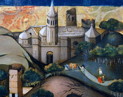 Paisaje con la Iglesia Episcopal, detalle de la Huida a Egipto, retablo de Verdú de Jaume Ferrer