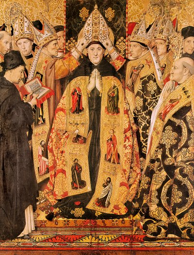 La consagración de San Agustín de Hipona. Retablo de San Agustín. Detrempe en madera por Jaume Huguet (1415-1492). 1466-1475. De la iglesia de San Agustín en Barcelona. de Jaume Huguet