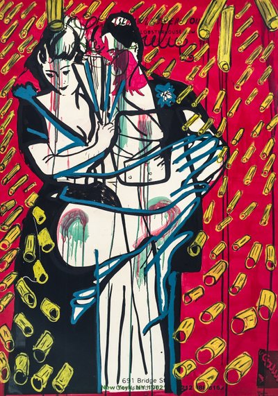 Rigatoni Rain Romance, 2016 (técnica mixta sobre papel de acuarela montado en panel con receta en el reverso). de Jay Batlle