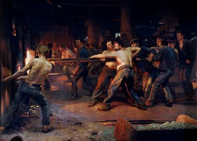 Trabajadores fundidores trabajando en una planta metalúrgica. Pintura de Jean Rixens de Jean Andre Rixens